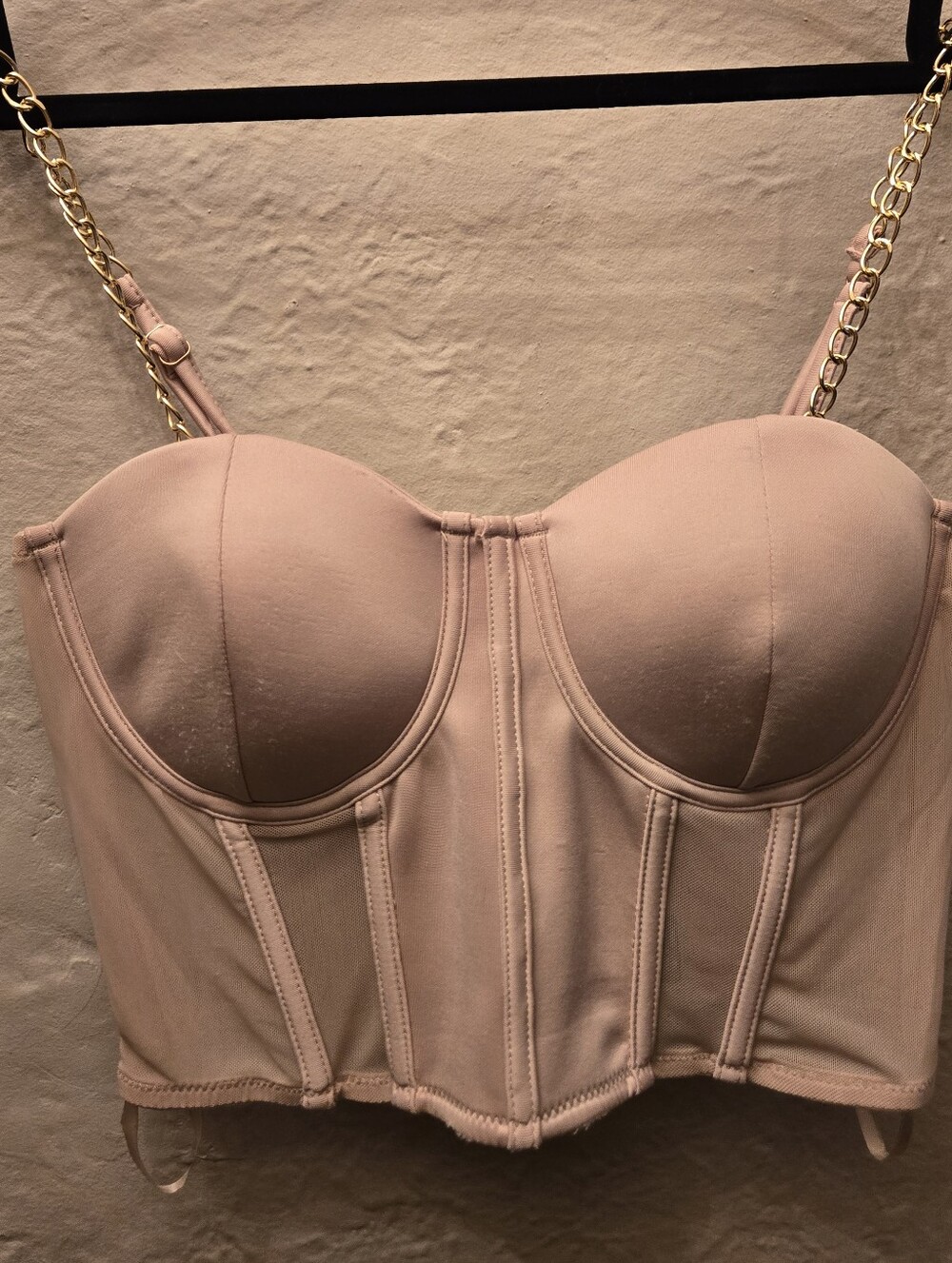 Say What Nude Corset Bustier Crop Top Chain Strap Mesh Boned Bralette M